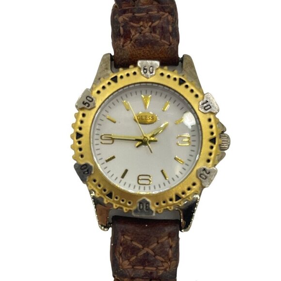 Vintage 1996 GUESS Women's Two-Tone Watch Brown Leather Braided Strap Japan Mvmt - Picture 1 of 8
